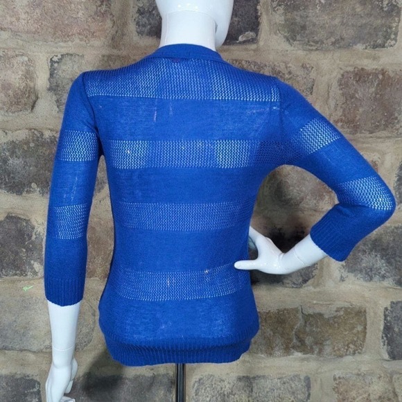 T/O Blue Cardigan Sweater Sheer Striped‎ 3/4 Sleeve Y2K Woman's Size Small - Picture 4 of 11